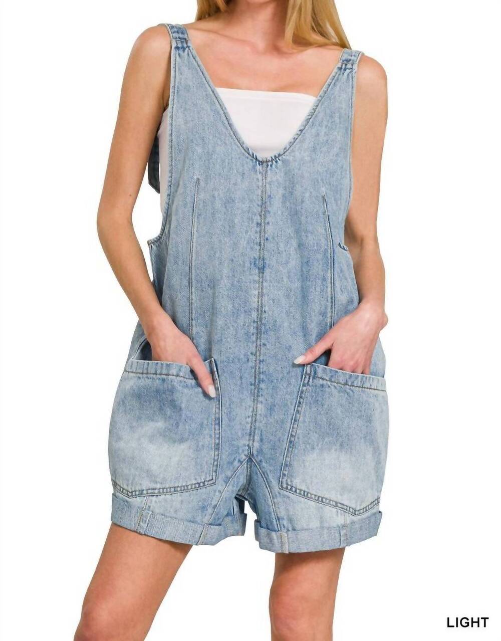 NEW ZENANA denim short overalls in blue
